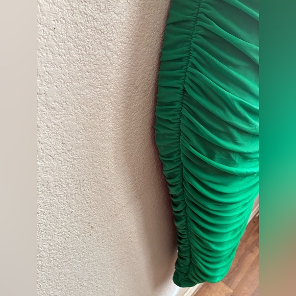 Elegant Stand Collar Green Bodycon Ruched Dress L - Picture 8 of 13
